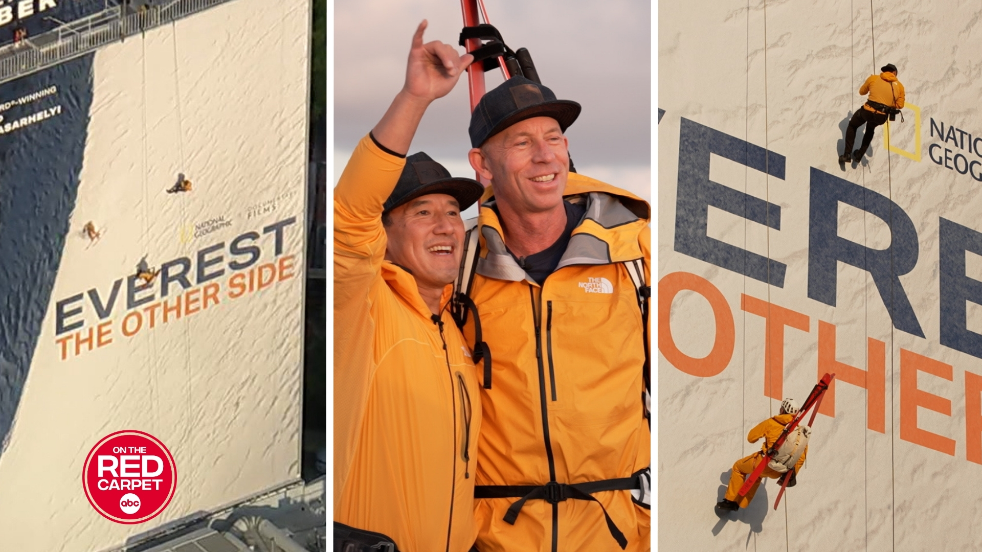 Jimmy Chin and Jim Morrison rappelling down a billboard in Atherton